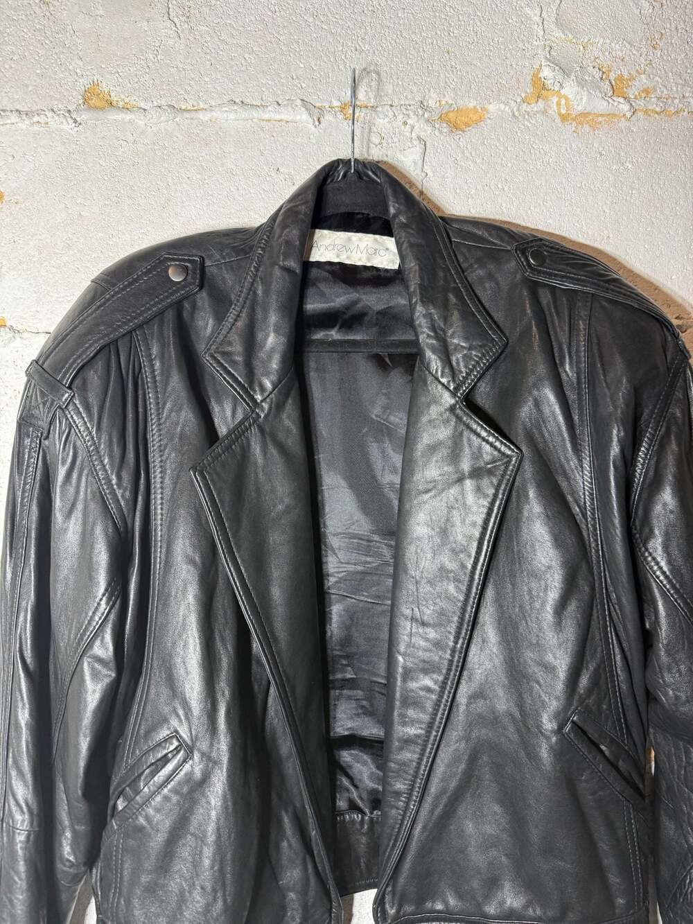 Andrew Marc Vintage Black Leather Jacket with Snap Waist and Epaulettes - Picture 3 of 15